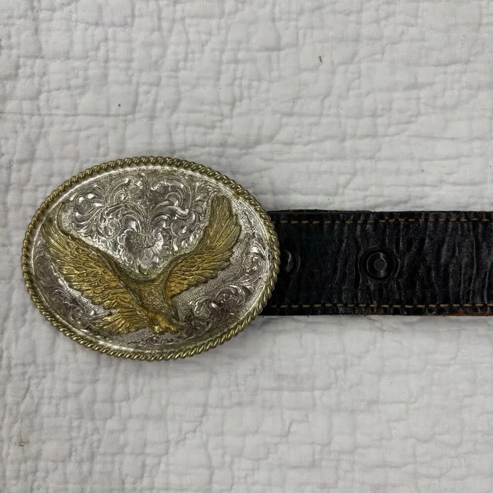 Heritage Collection Silver Gold Tone Eagle Belt Buckle & Leather Eagle Belt 38”